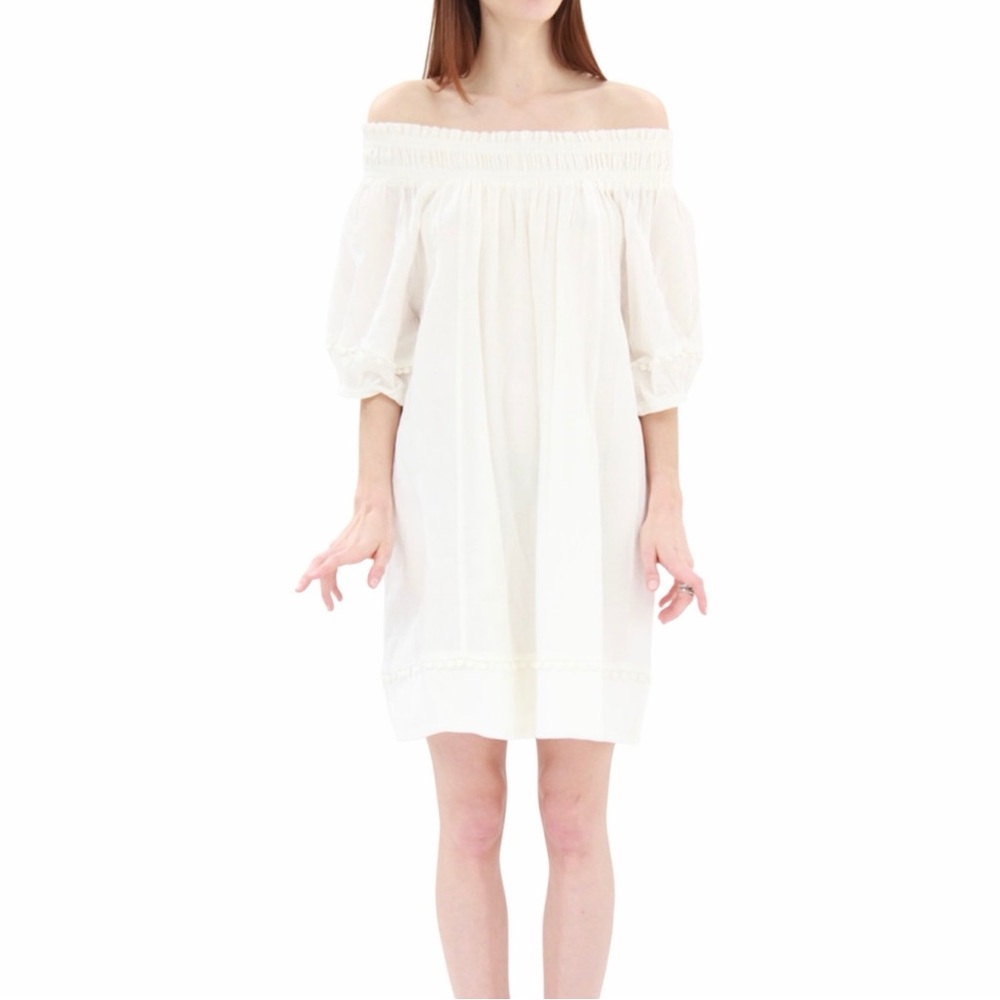 APIECE APART Felina Off the Shoulder Smocked Neck Pom Pom Border Dress Size 8